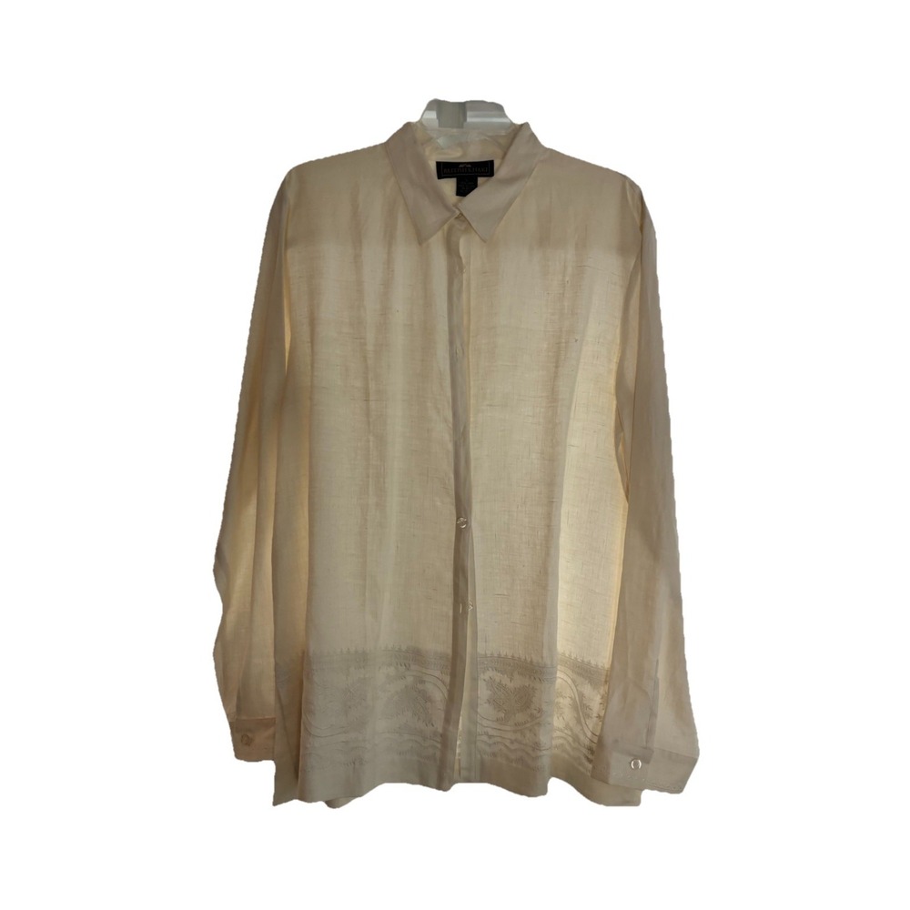 BRITISH KHAKI Women's L Vintage 100% Cream Linen Button Tunic Shirt‎ Embroidered